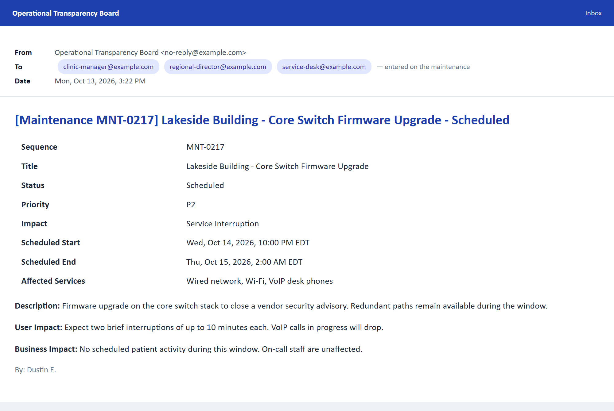A scheduled maintenance notification showing the maintenance sequence, priority, impact, affected services, the scheduled start and end window, expected user impact and business impact.