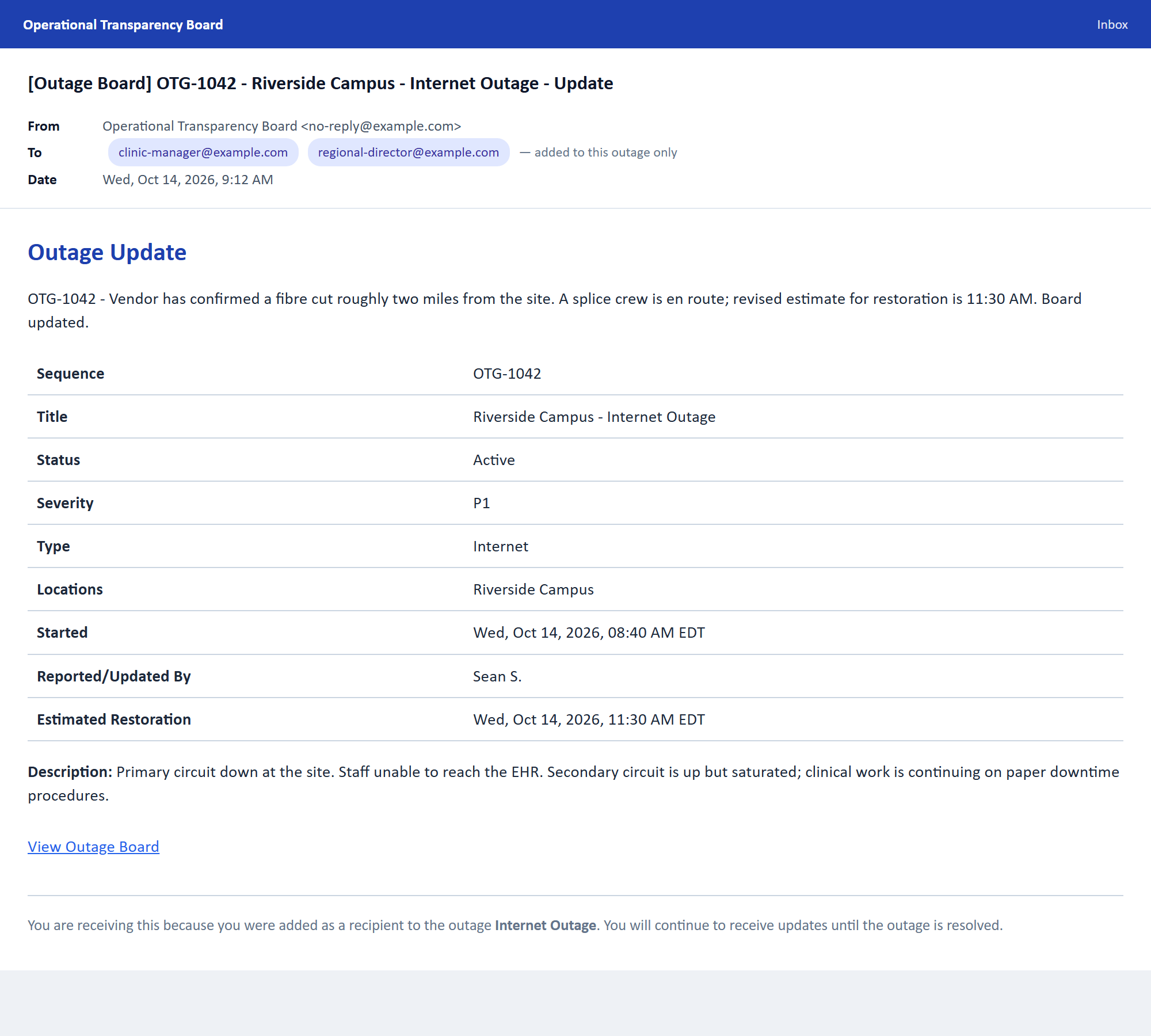 An outage update email addressed to three named recipients, with a footer explaining they were added to this incident and will receive updates until it is resolved.