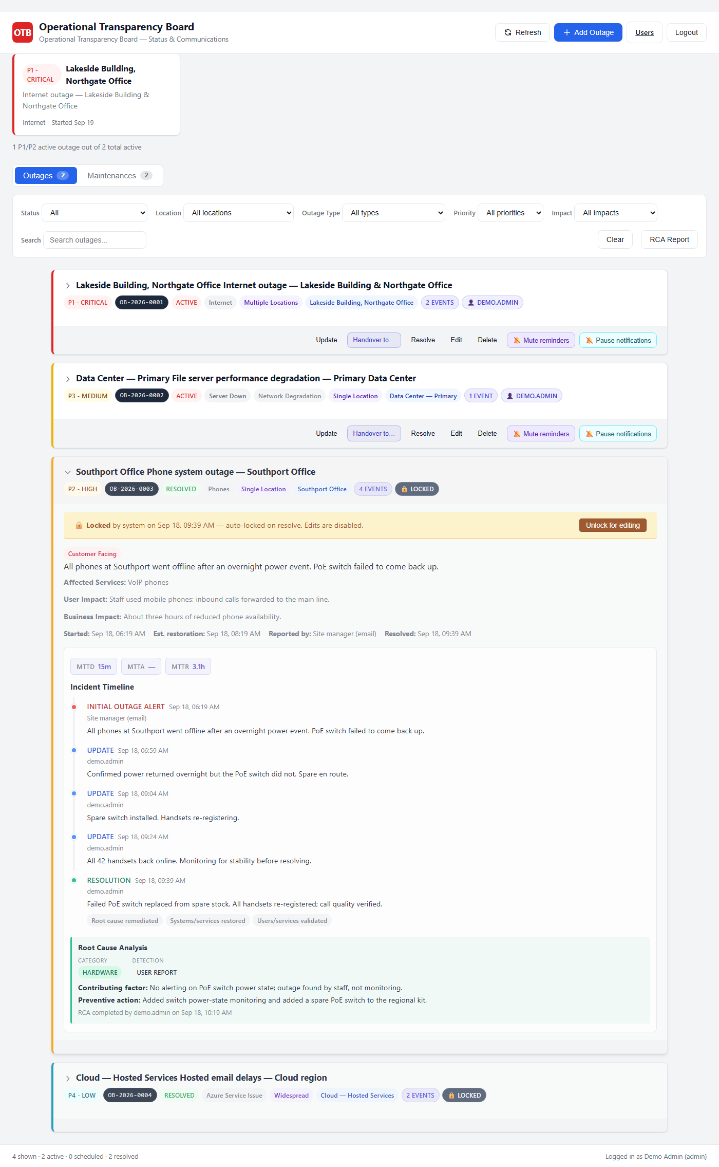 An expanded incident showing its full lifecycle from alert through updates to resolution, with timing chips and a root-cause block.