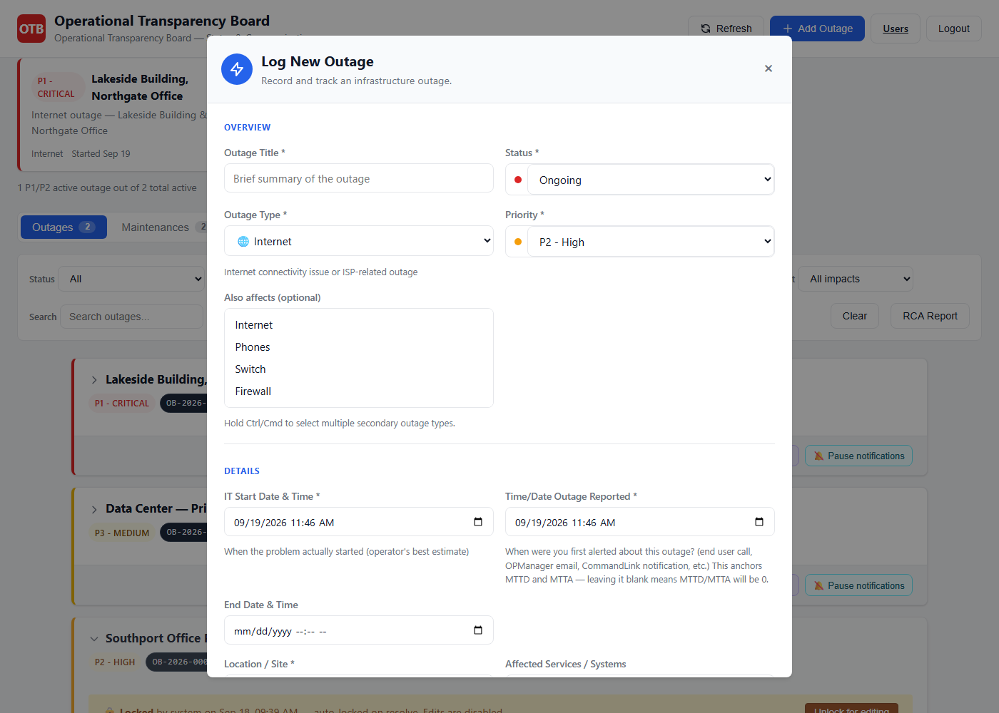 The Log New Outage form with location, type, severity, impact and description fields.